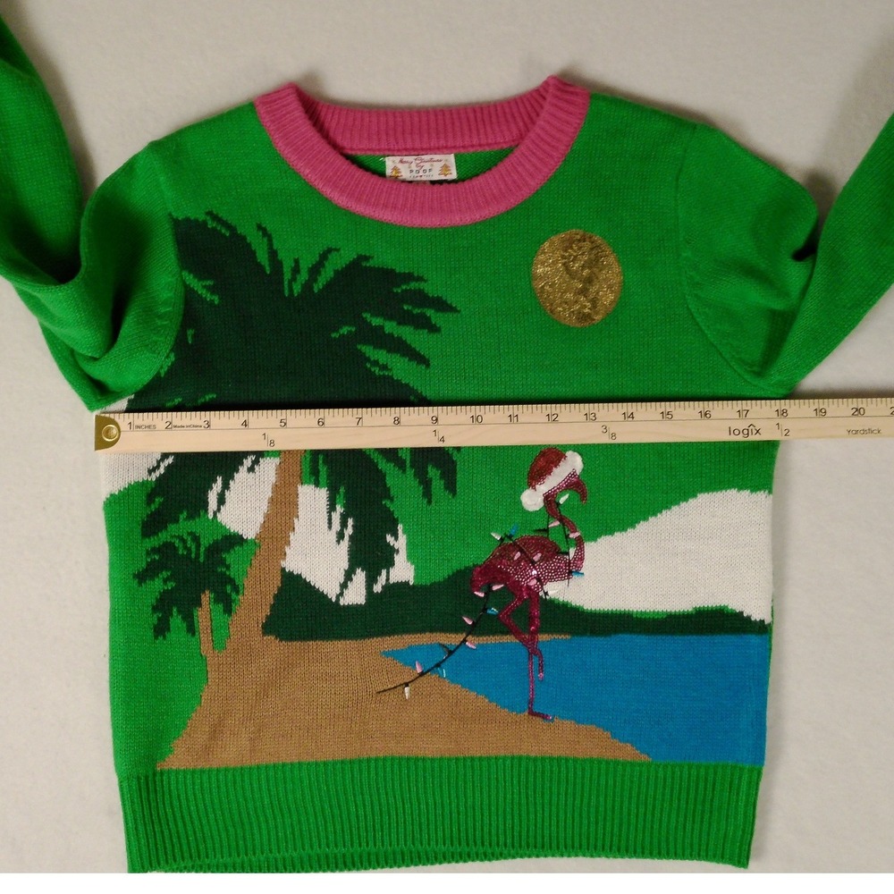 Poof New York Womens Green Flamingo Tropical Ugly Christmas Sweater Size M - Picture 8 of 9
